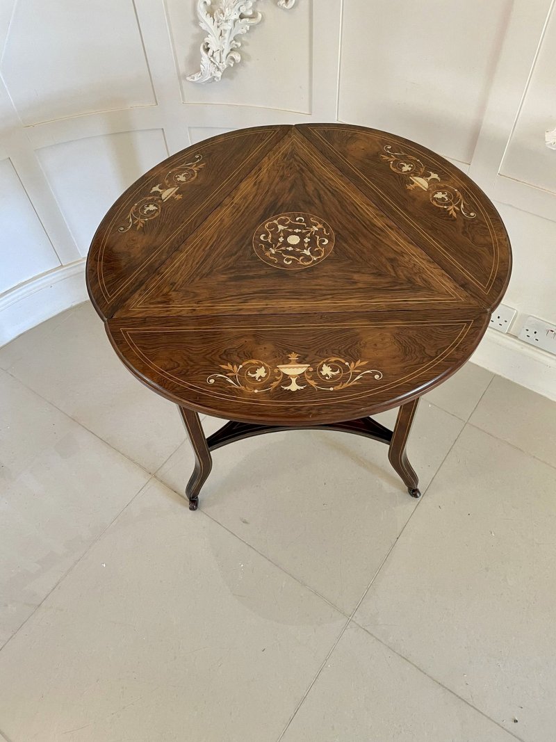Unusual Antique Edwardian Quality Rosewood Inlaid Drop Leaf Centre Table - Image 3